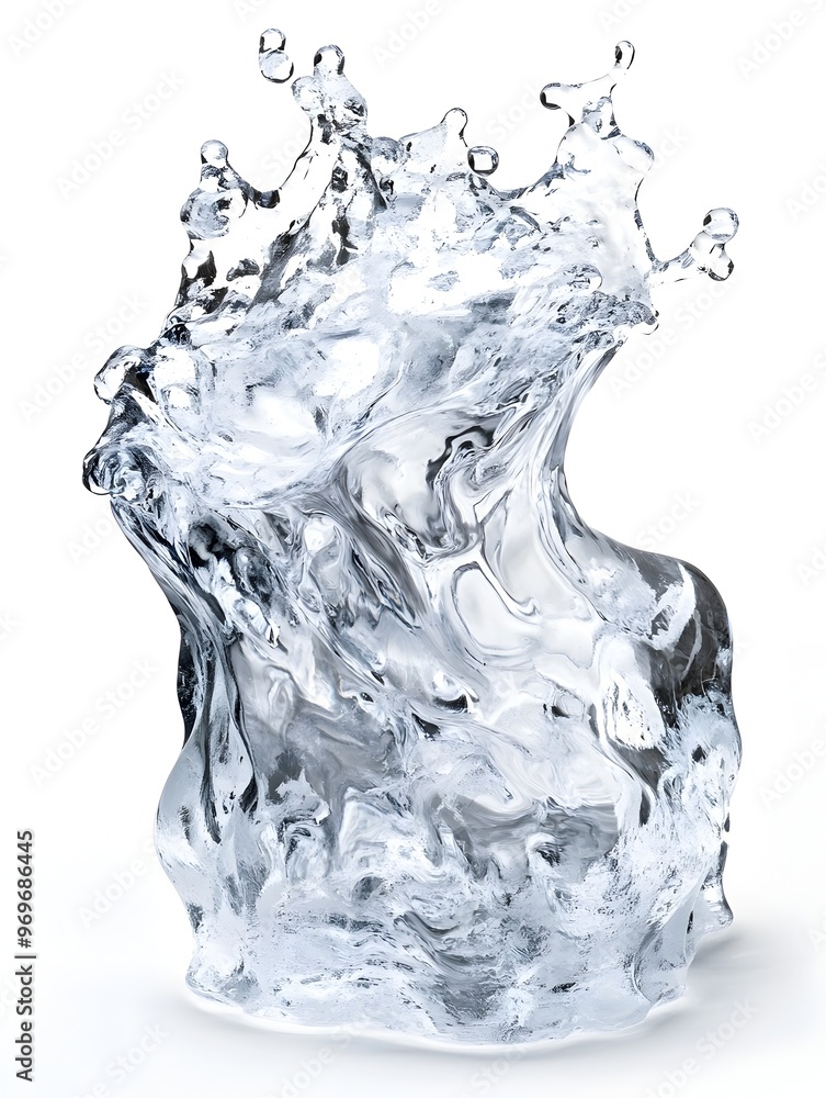 Poster splashing clear transparent liquid water flowing and dripping with dynamic abstract motion creating 
