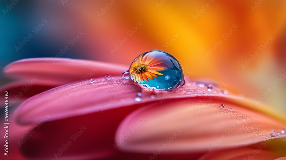 Poster detailed view of a single water droplet perched on a flower petal, reflecting the surrounding colors