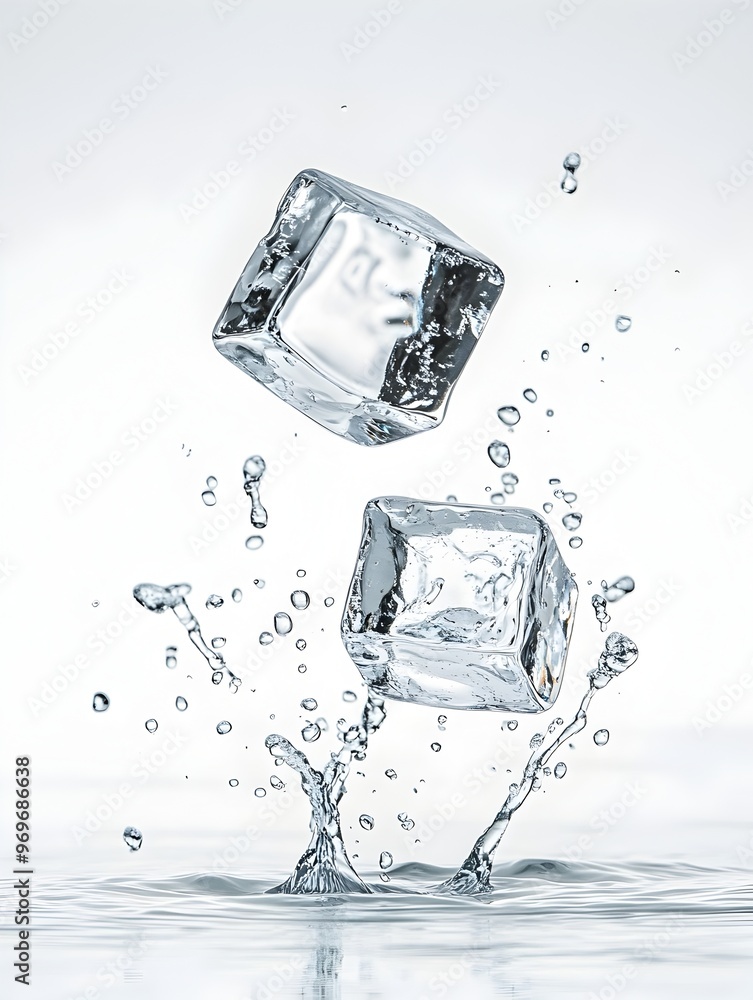 Poster splashing crystal clear ice cubes in pure water with a dynamic minimalist and transparent appearance