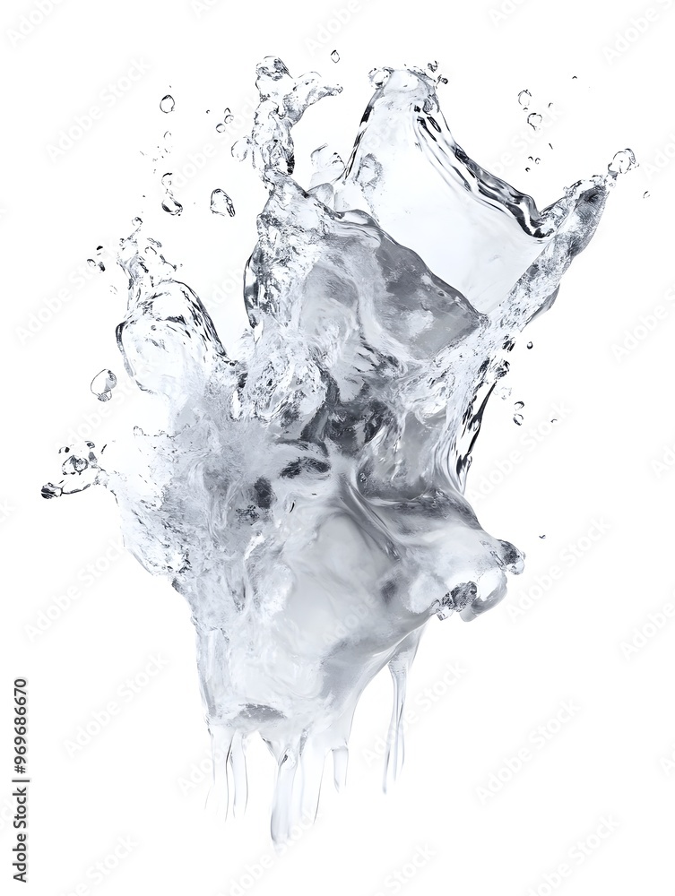Poster splashing crystal clear water in fluid motion and dynamic swirls against a clean minimalist studio b