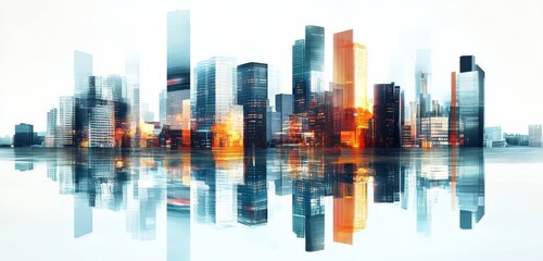 Obraz premium Digital Illustration of Urban Skyline with Skyscrapers and Buildings Reflecting in Water. Represents City Development and Modern Architecture.