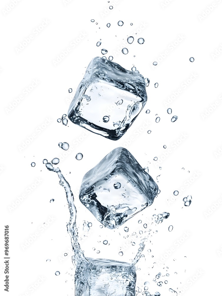 Poster splashing ice cubes in crystal clear water creating a dynamic and refreshing still life scene with r
