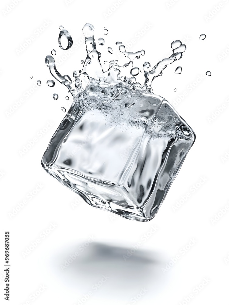 Poster splashing ice cube in transparent liquid motion a visually striking and captivating image that showc