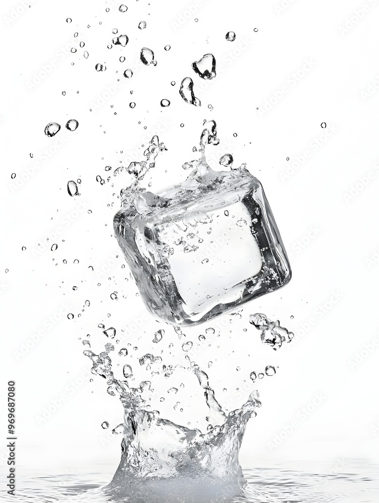 Poster splashing transparent ice cube in motion with ripples bubbles and liquid splashes frozen water cube 