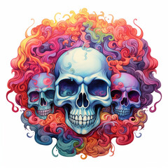 A graphic illustration featuring multicolored skulls arranged in a circular pattern, with vibrant, colorful smoke swirling around them, set against a solid white background.