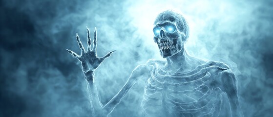 Fototapeta premium A ghostly skeleton emerges from fog, with glowing eyes and an eerie presence, perfect for Halloween or spooky themes.