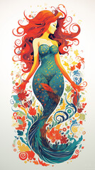 A graphic illustration of a colorful mermaid set against a solid white background.