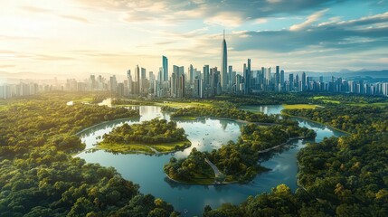 Fototapeta premium Capture an aerial view of a bustling city skyline merging with nature in a digital art style with vibrant hues and sharp details