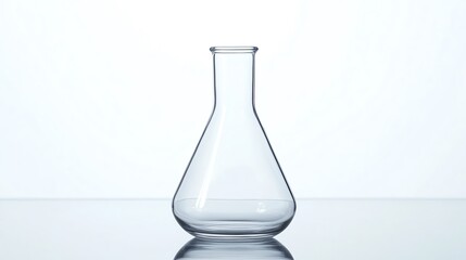 An empty laboratory flask stands on a reflective surface, showcasing its elegant design and transparent structure.