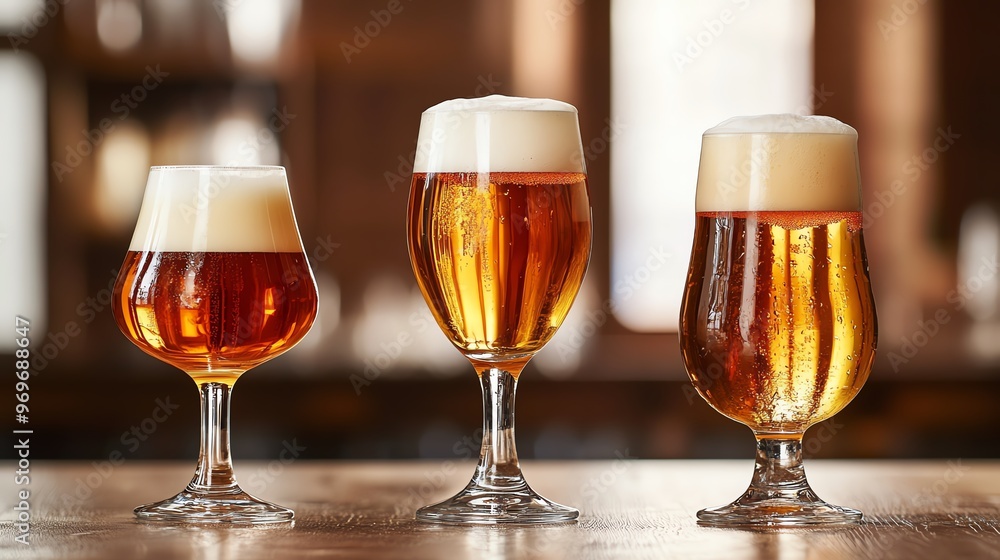 Wall mural three glasses of golden beer with frothy tops elegantly displayed on a wooden bar, showcasing differ