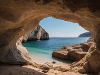 Panoramic view of a coastal cave entrance with a serene beach and limestone cliffs in the background.