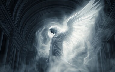 A majestic angel emanating light and peace, emerging from ethereal mist, symbolizing hope and spirituality in a serene setting.