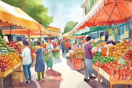 Vibrant market scene filled with colorful fruits and vegetables, bustling with shoppers enjoying fresh produce under sunny skies.