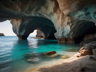 A Sea Cave Entrance With Turquoise Water.