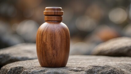Wooden bottle on a stone for product presentation.