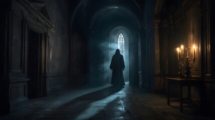 ghost drifting through an ancient, candlelit castle hallway, the figure is semi-transparent, glowing with a faint, spectral light, surrounded by swirling mist perfect for Halloween