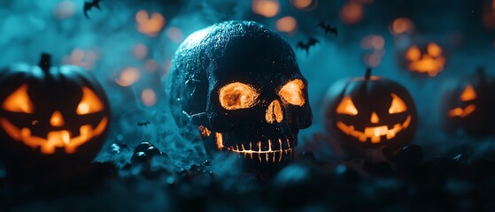 Spooky Halloween scene featuring a glowing skull and carved pumpkins surrounded by mist, perfect for festive decoration.
