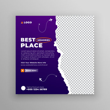 Adventure travel social media post or web banner template design, Holiday and tour advertising banner design.
