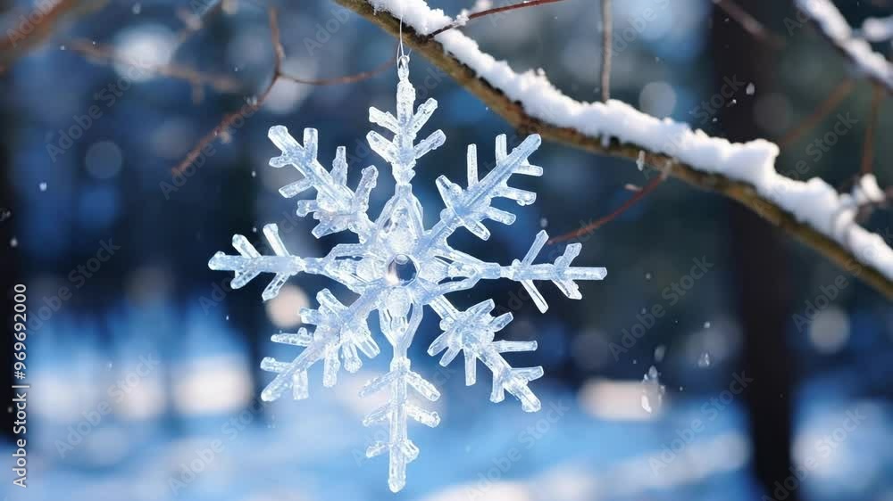 Poster decorative snowflake hangs from a snow covered tree branch in a winter forest, sparkling in the cold