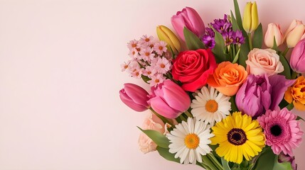 A vibrant bouquet of mixed garden flowers including roses, daisies, and tulips, arranged elegantly on a light solid color background, with ample copy space