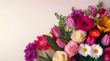 A vibrant bouquet of mixed garden flowers including roses, daisies, and tulips, arranged elegantly on a light solid color background, with ample copy space