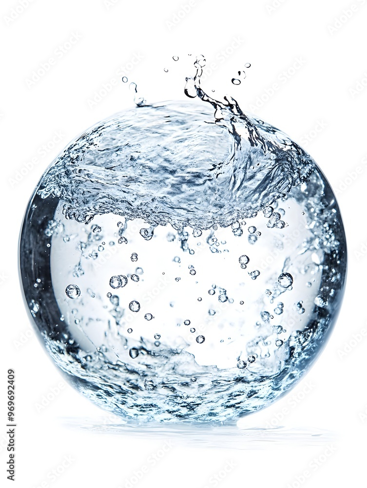 Poster transparent and spherical water droplet splashing and creating rippling waves against a plain and mi