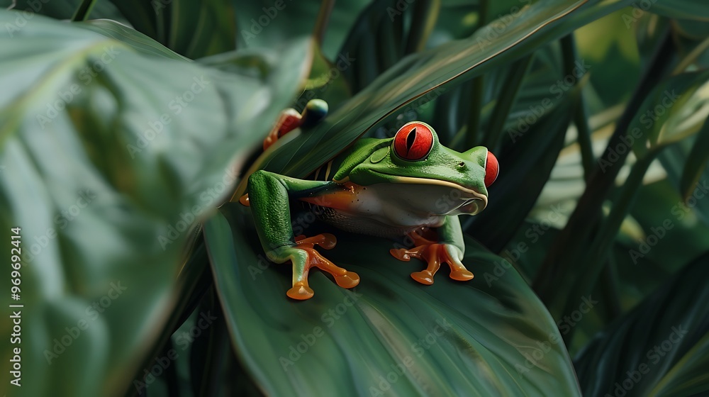 Wall mural red-eyed tree frog camouflaged among vibrant tropical leaves, showcasing its striking red eyes and v