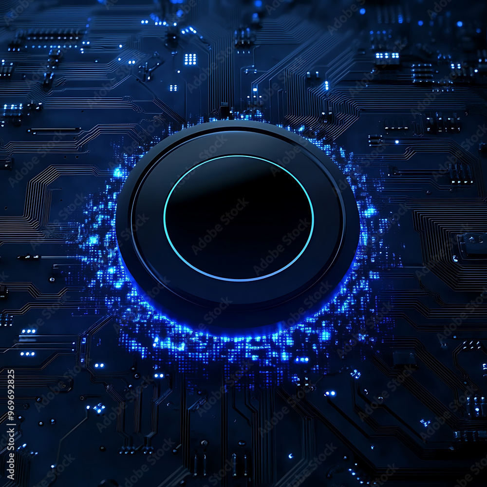 Poster digital button, circuit board with glowing blue connection, data flow, digital connectivity, backgro
