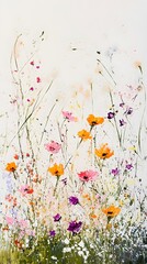 A field of colorful wildflowers with a gentle breeze, captured against a solid light color background, emphasizing their natural beauty