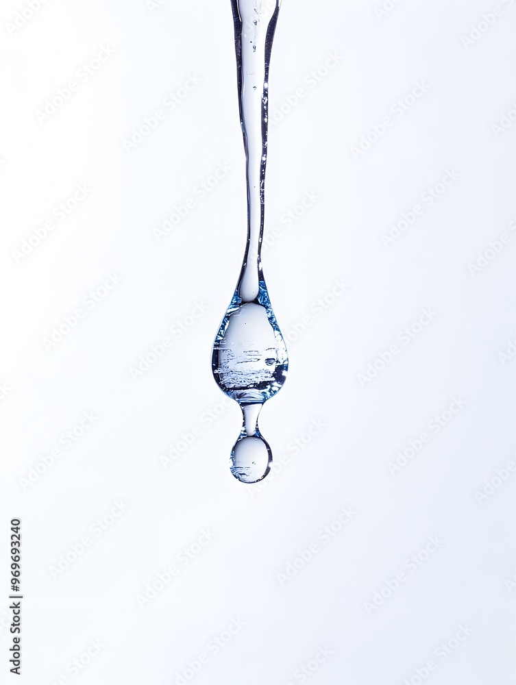 Poster transparent water droplet in motion falling on a smooth surface and creating a splash with reflectio