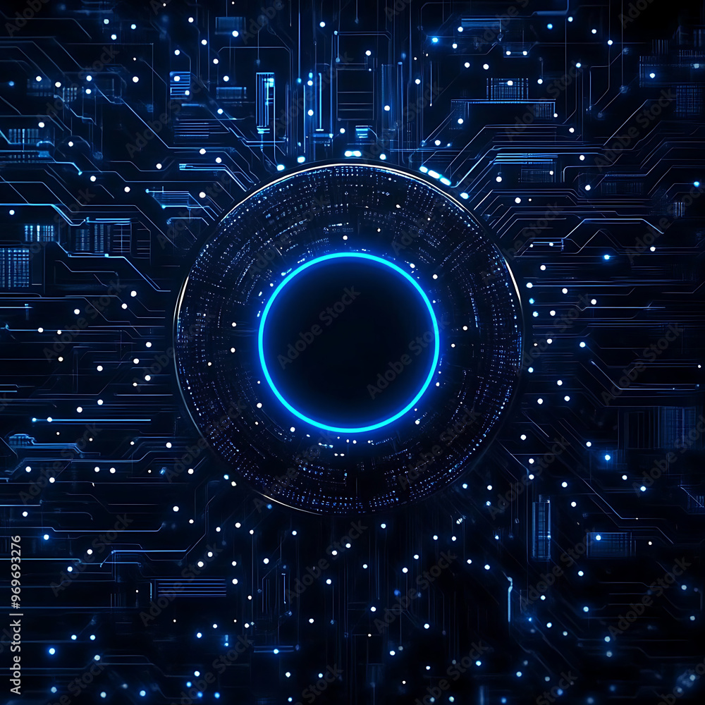 Poster digital button, circuit board with glowing blue connection, data flow, digital connectivity, backgro