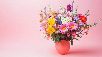 Fototapeta premium A vibrant arrangement of cute wildflowers in a small vase, capturing the essence of spring with a light solid color backdrop