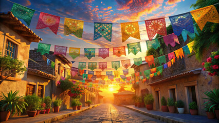Fototapeta premium Sunset street with papel picado flags hanging for Day of the Dead celebration