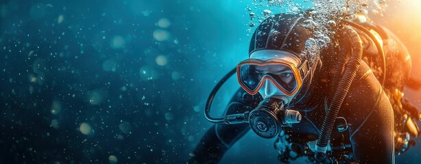 A diver examining scuba gear underwater, ensuring everything passes a quality control check before a deep-sea dive