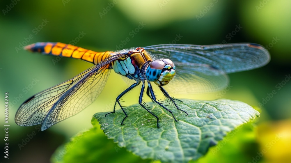Poster high-definition shot of a dragonfly resting on a leaf, with a focus on its intricate wing patterns a