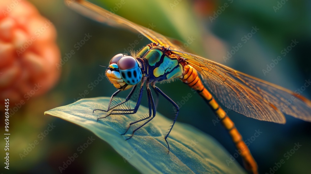 Poster high-definition shot of a dragonfly resting on a leaf, with a focus on its intricate wing patterns a
