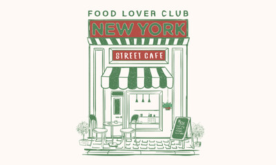 New York food club. Street cafe graphic print design for t shirt, apparel, posters, background and others. America local food artwork.