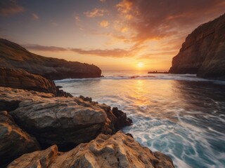 Fototapeta premium Dramatic Sunrise at Rugged Coastal Cliff.