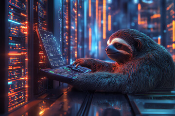 Relaxed sloth controlling a cloud network diagram in a data center, glowing nodes and cables, humorous contrast of slow pace and advanced digital technology