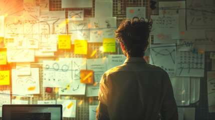 Business professionals collaborating in an office, using post-it notes on a wall to share ideas during a brainstorming session. The sticky notes help organize and visualize creative concepts.