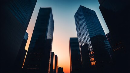 Silhouetted skyscrapers against a dramatic sunset, with a clear sky transitioning from blue to deep orange