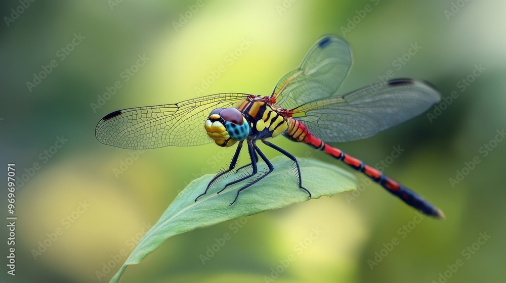 Aufkleber High-definition shot of a dragonfly resting on a leaf, with a focus on its intricate wing patterns and colorful body, set against a natural backdrop.