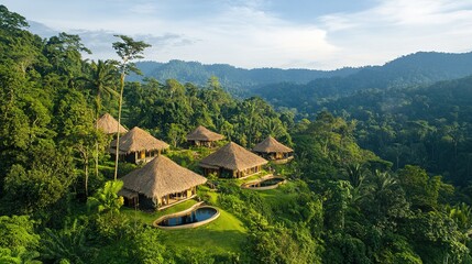 Obraz premium A sustainable eco-lodge surrounded by rainforest, blending seamlessly with the environment