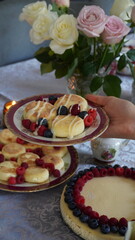 Wonderful breakfast with cheesecake and cup of tea