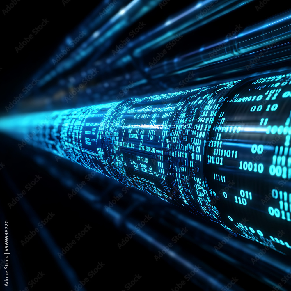 Poster a long digital pipeline shaped by vibrant glowing blue matrix binary code. isolated on black backgro