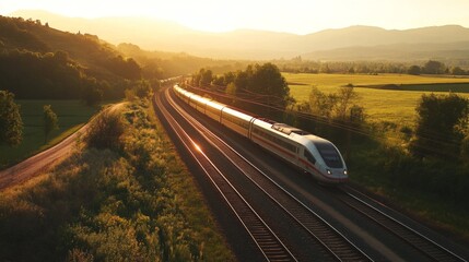 High-definition shot of an electric train passing through a scenic countryside, highlighting the contrast between the train and the natural landscape.