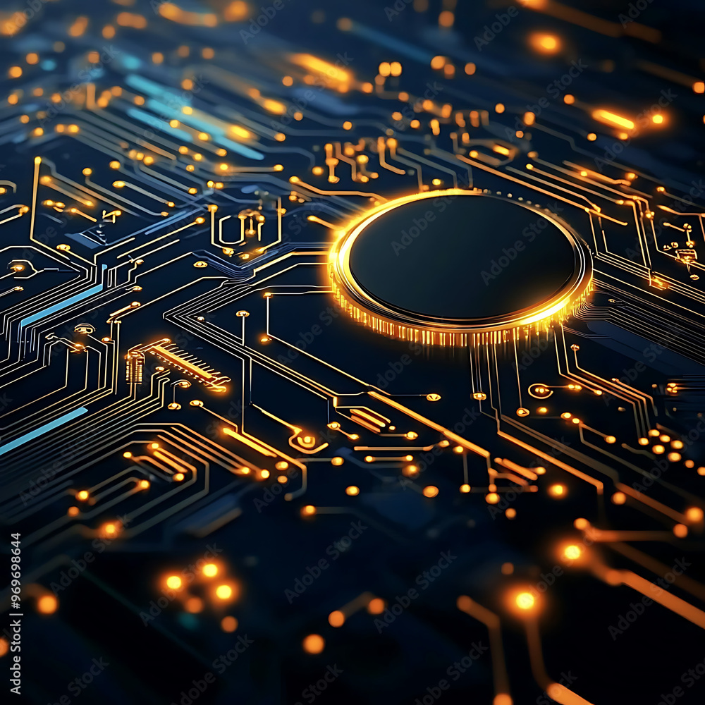 Aufkleber digital button, circuit board with glowing gold connection, data flow, digital connectivity, backgro