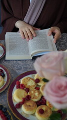 Wonderful breakfast with cheesecake and cup of tea