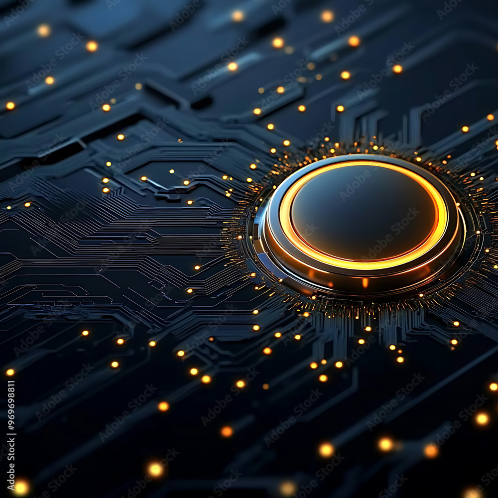 Poster digital button, circuit board with glowing gold connection, data flow, digital connectivity, backgro