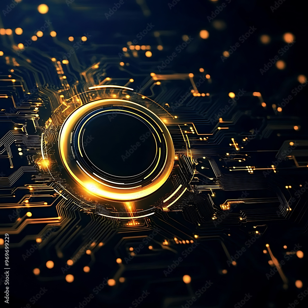 Poster digital button, circuit board with glowing gold connection, data flow, digital connectivity, backgro